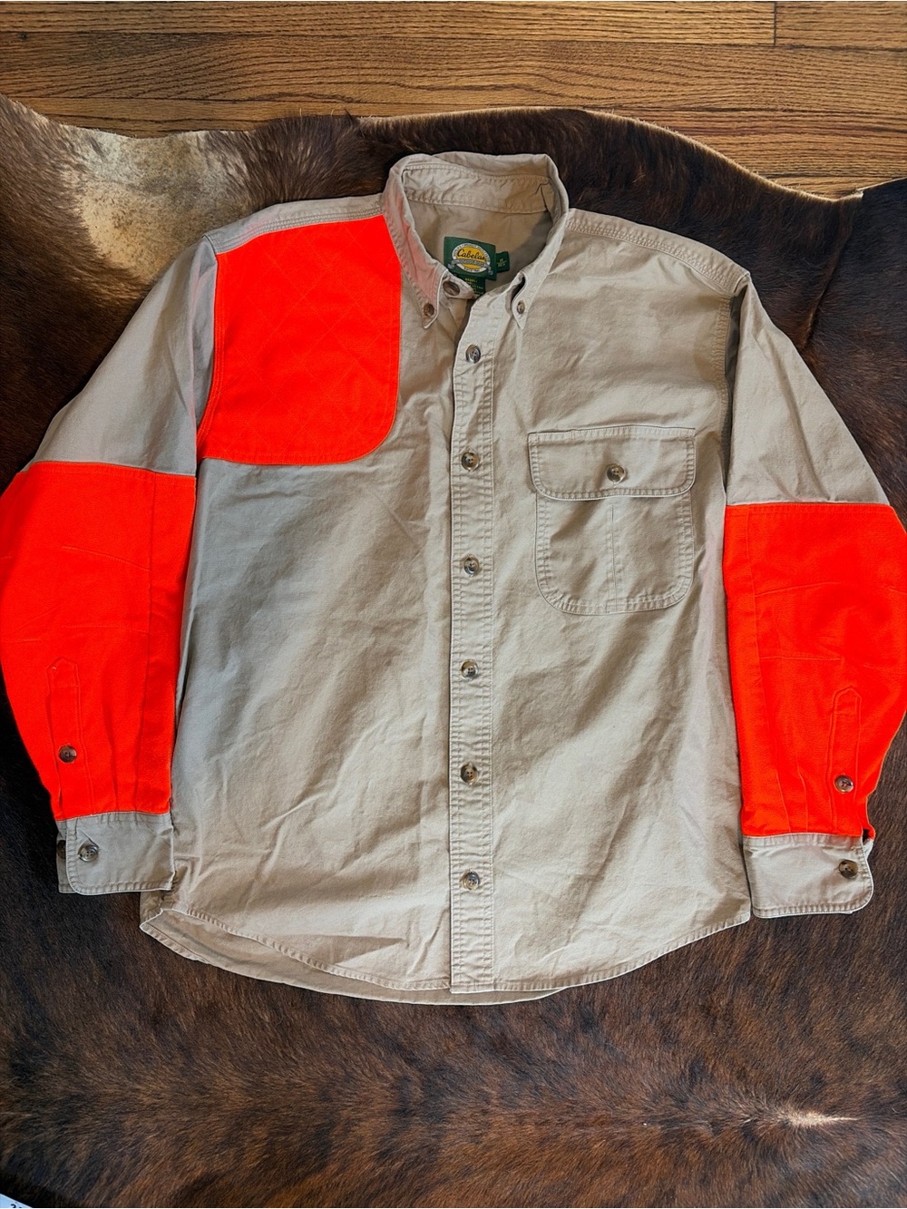 Cabelas Mens M Shooting Shirt Blaze Orange Hunting Tan Field Upland Outdoor